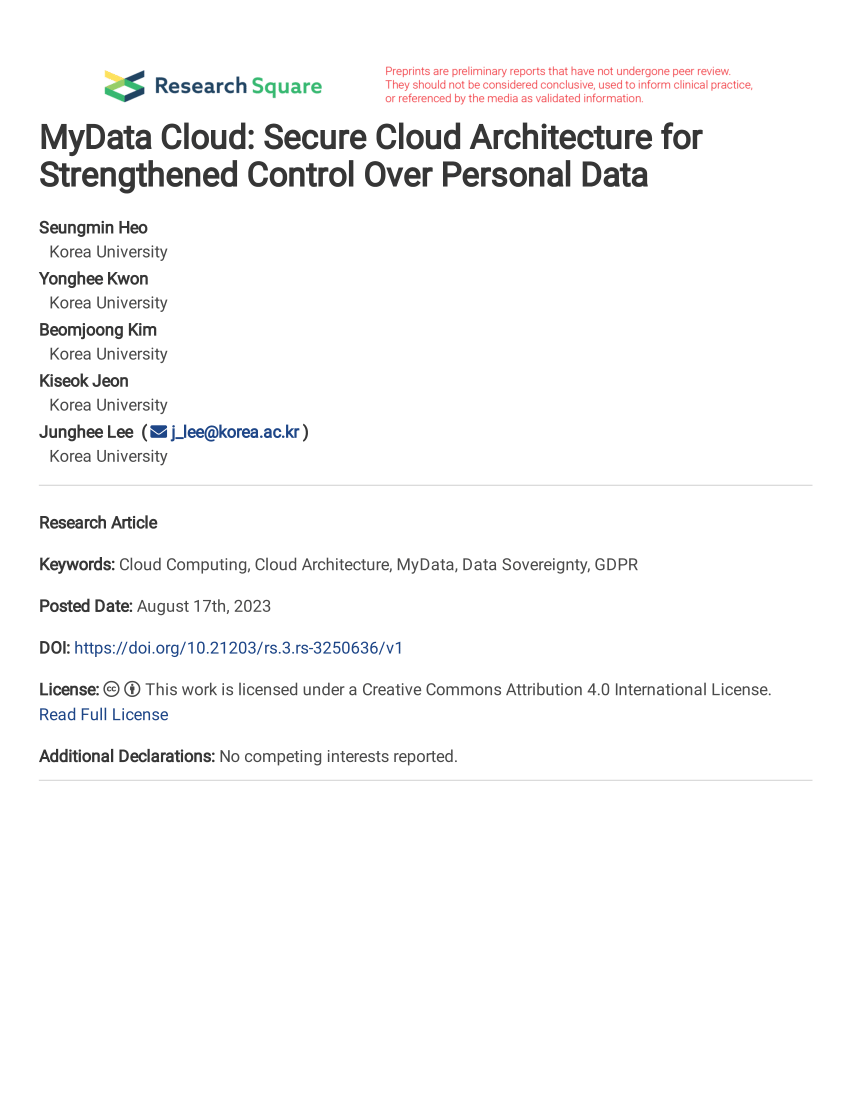 PDF) MyData Cloud: Secure Cloud Architecture for Strengthened Control Over  Personal Data