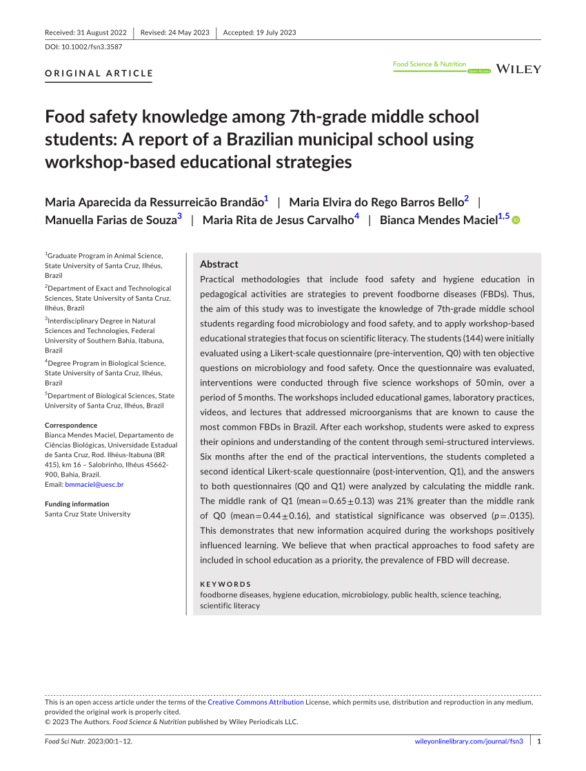 PDF) Food safety knowledge among 7th‐grade middle school students