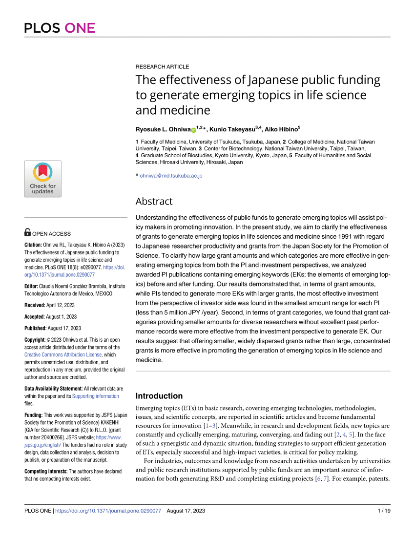 PDF) The effectiveness of Japanese public funding to generate emerging topics in life science and medicine