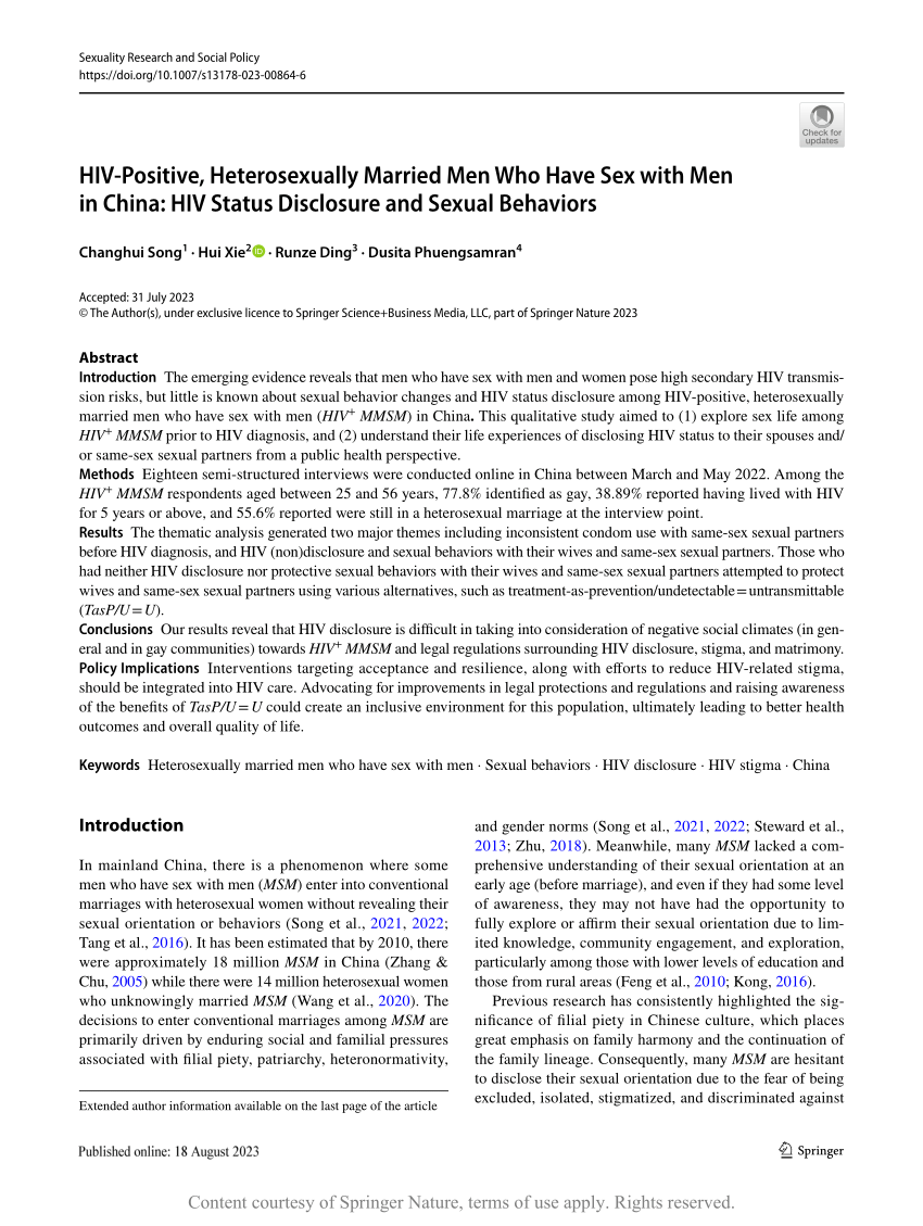 HIV-Positive, Heterosexually Married Men Who Have Sex with Men in China:  HIV Status Disclosure and Sexual Behaviors | Request PDF