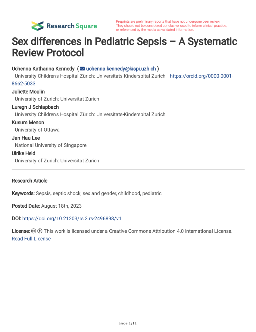 Pdf Sex Differences In Pediatric Sepsis – A Systematic Review Protocol