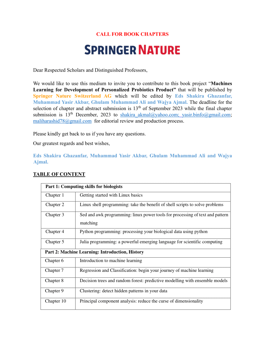 (PDF) Call for Chapters; Springer Nature Book; MACHINE LEARNING (ML