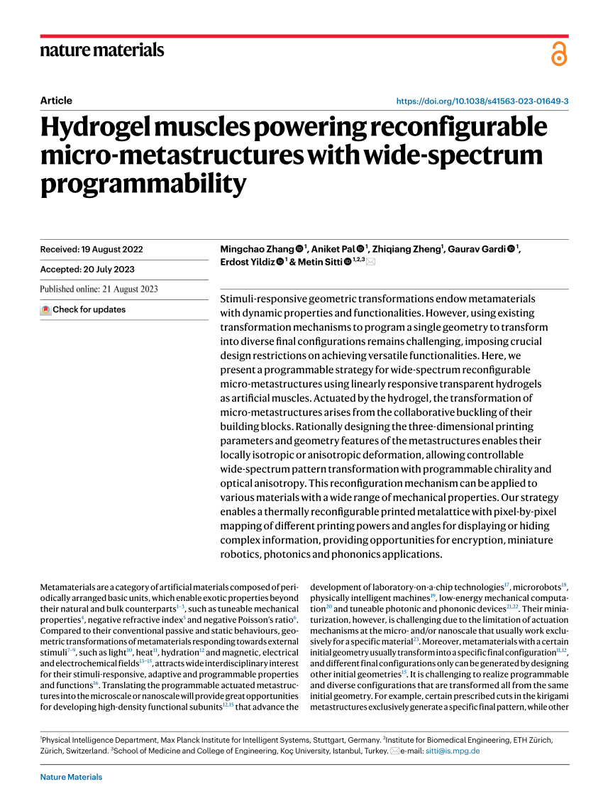 PDF) Hydrogel muscles powering reconfigurable micro-metastructures