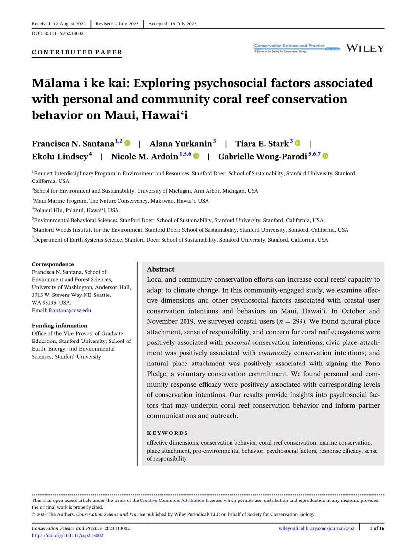 PDF) Mālama i ke kai: Exploring psychosocial factors associated with  personal and community coral reef conservation behavior on Maui, Hawai'i