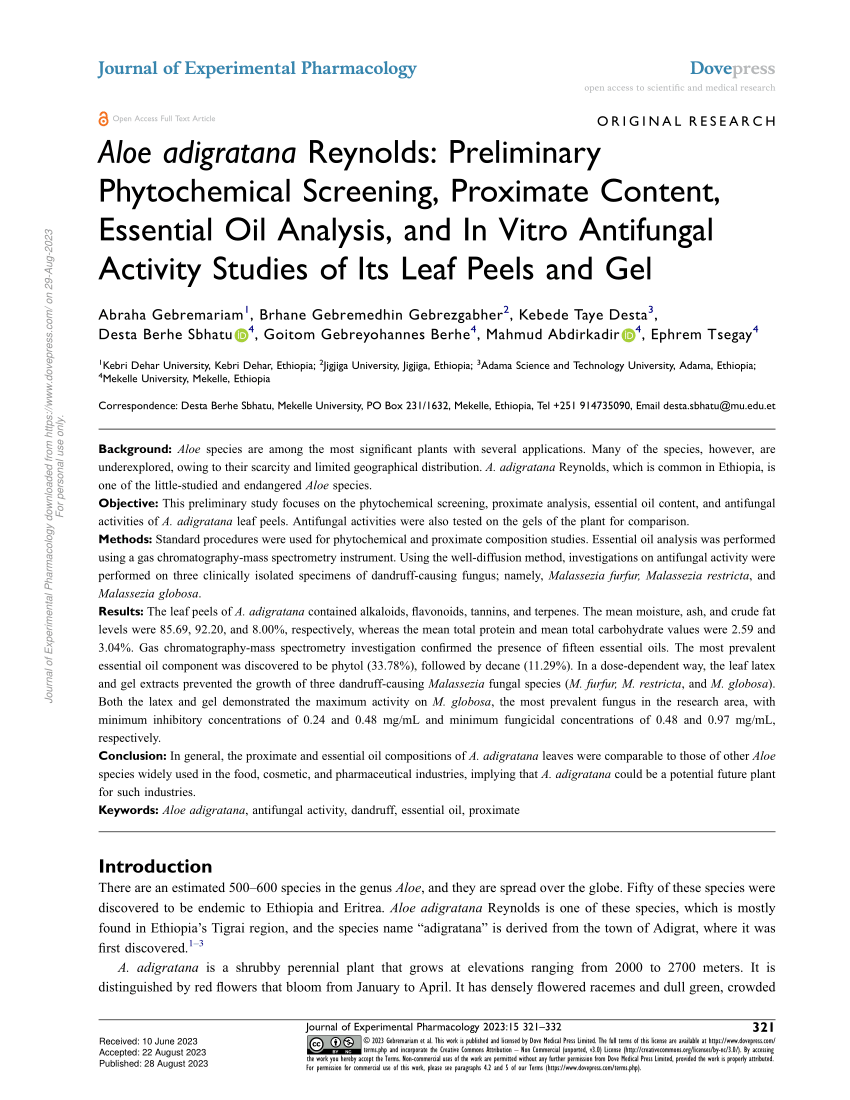 PDF) Aloe adigratana Reynolds: Preliminary Phytochemical Screening,  Proximate Content, Essential Oil Analysis, and In Vitro Antifungal Activity  Studies of Its Leaf Peels and Gel