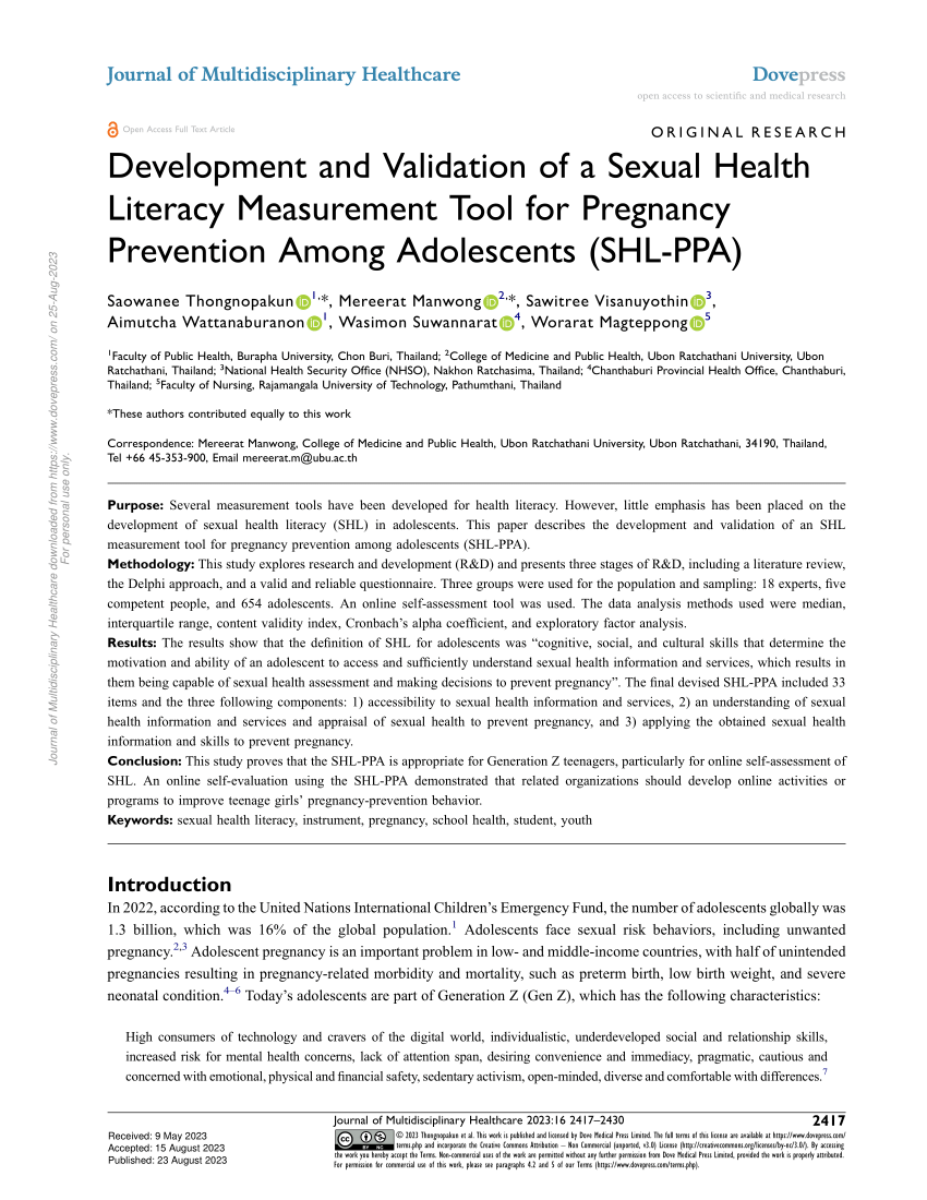 Pdf Development And Validation Of A Sexual Health Literacy Measurement Tool For Pregnancy 6352