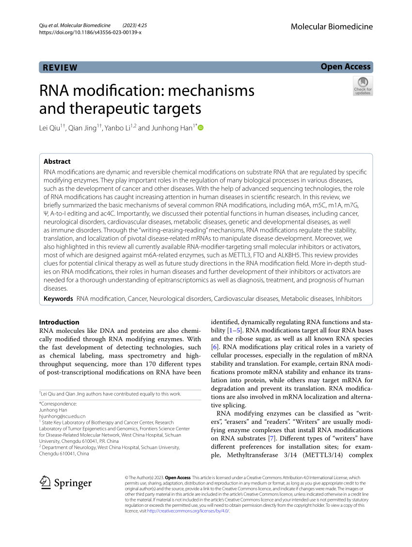 PDF) RNA modification: mechanisms and therapeutic targets