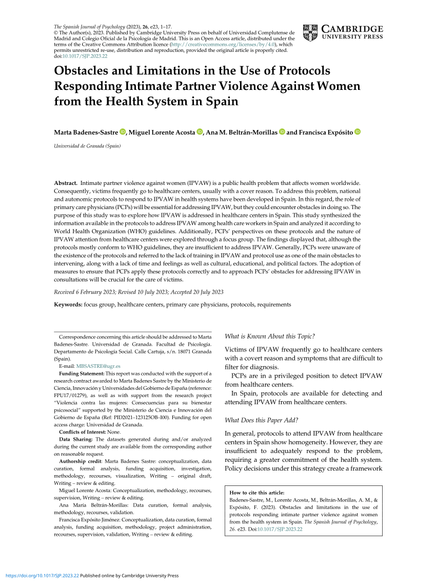 Pdf Obstacles And Limitations In The Use Of Protocols Responding Intimate Partner Violence 