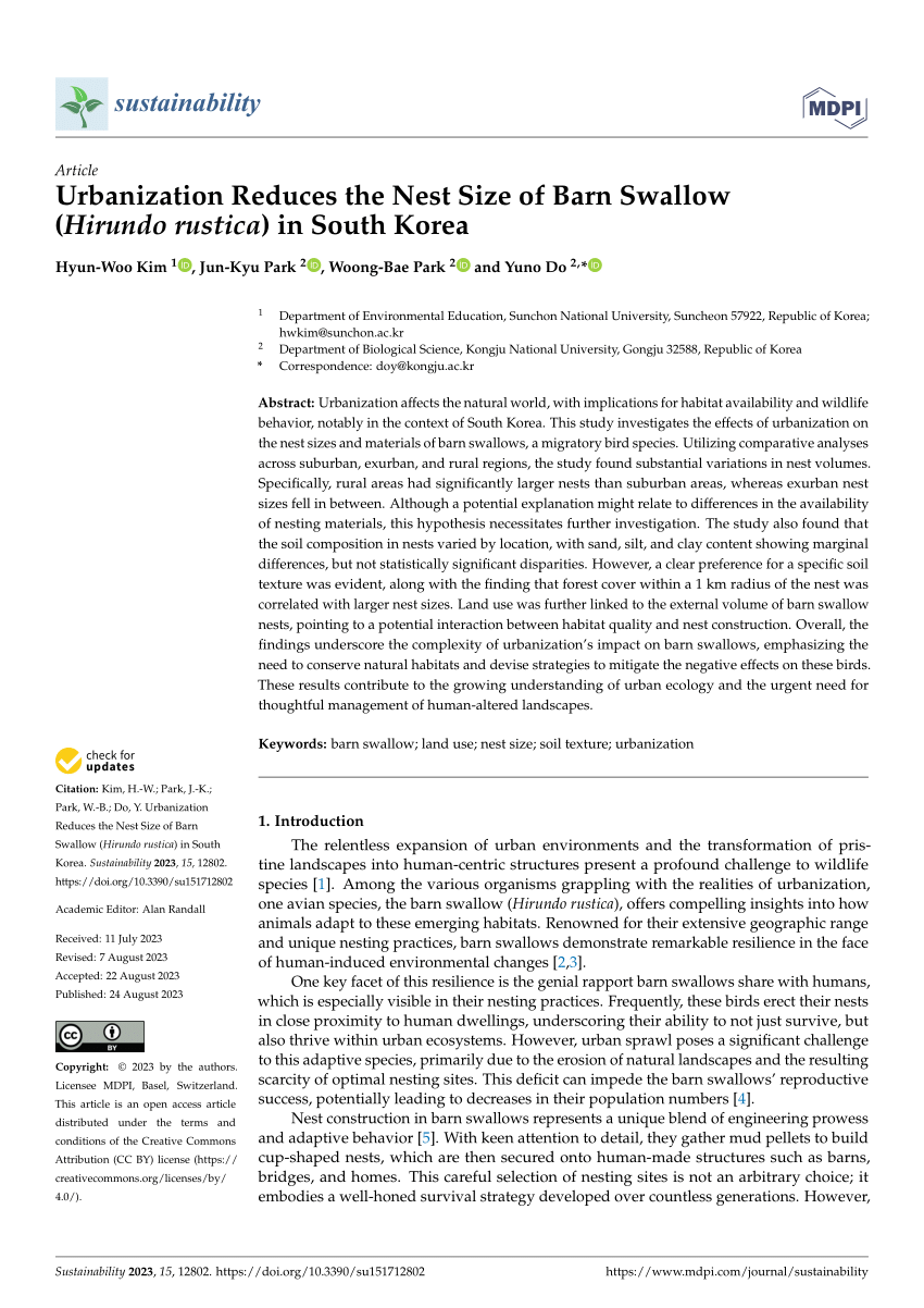 PDF) Urbanization Reduces the Nest Size of Barn Swallow (Hirundo rustica)  in South Korea
