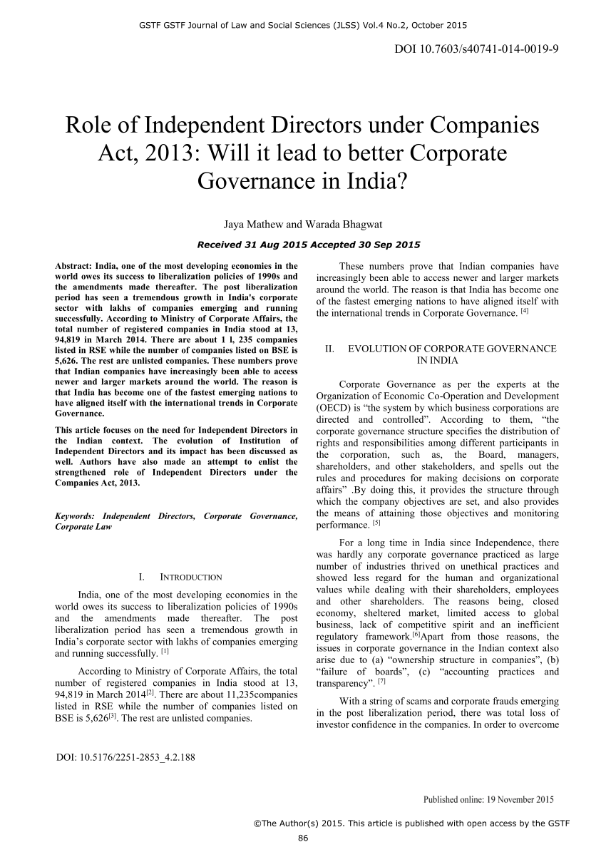 Pdf Role Of Independent Directors Under Companies Act 2013 Will It
