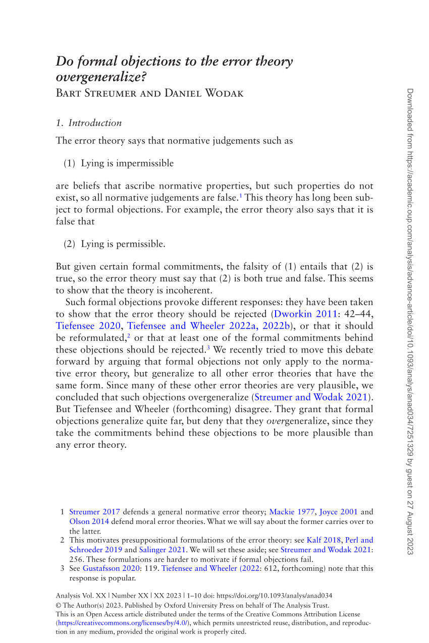 PDF) Do formal objections to the error theory overgeneralize?