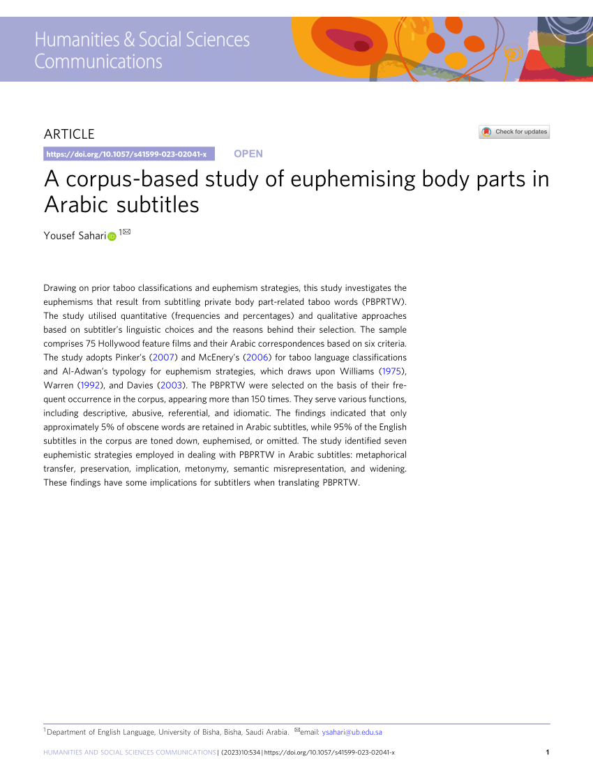 PDF) A corpus-based study of euphemising body parts in Arabic subtitles