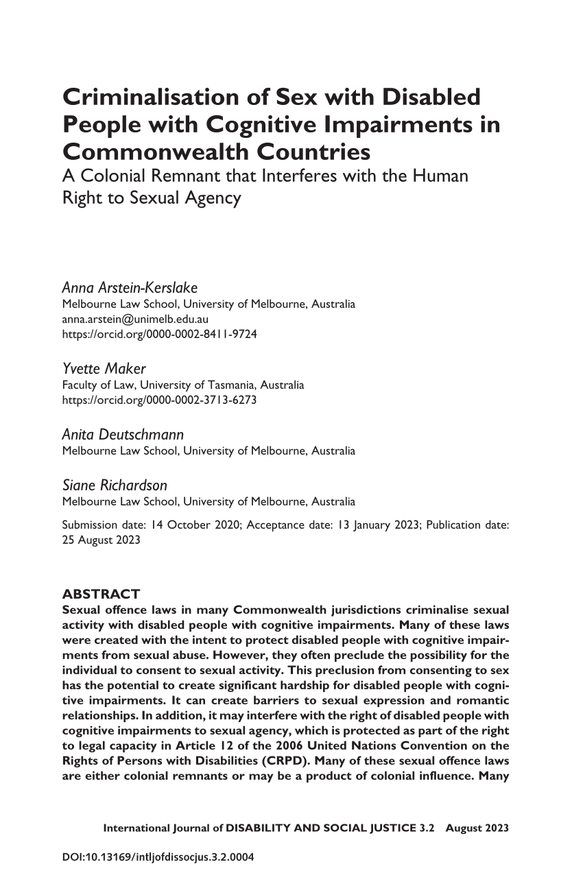 PDF) Criminalisation of Sex with Disabled People with Cognitive Impairments  in Commonwealth Countries: A Colonial Remnant that Interferes with the  Human Right to Sexual Agency