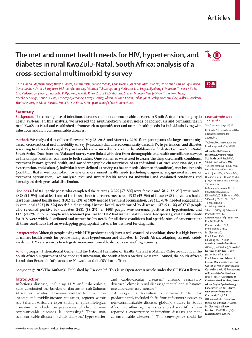 The met and unmet health needs for HIV, hypertension, and diabetes in rural  KwaZulu-Natal, South Africa: analysis of a cross-sectional multimorbidity  survey - The Lancet Global Health