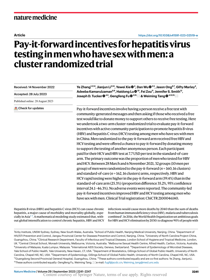 Pay It Forward Incentives For Hepatitis Virus Testing In Men Who Have Sex With Men A Cluster 