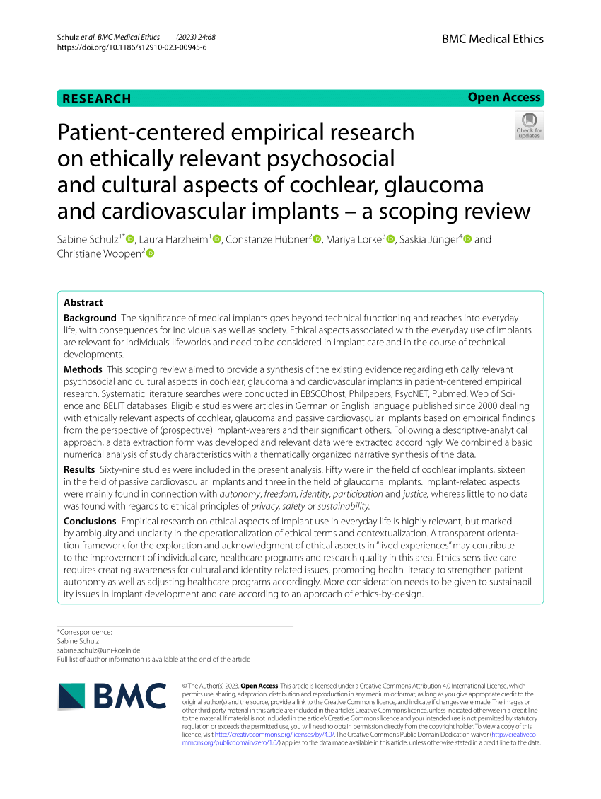 PDF) Patient-centered empirical research on ethically relevant psychosocial  and cultural aspects of cochlear, glaucoma and cardiovascular implants – a  scoping review