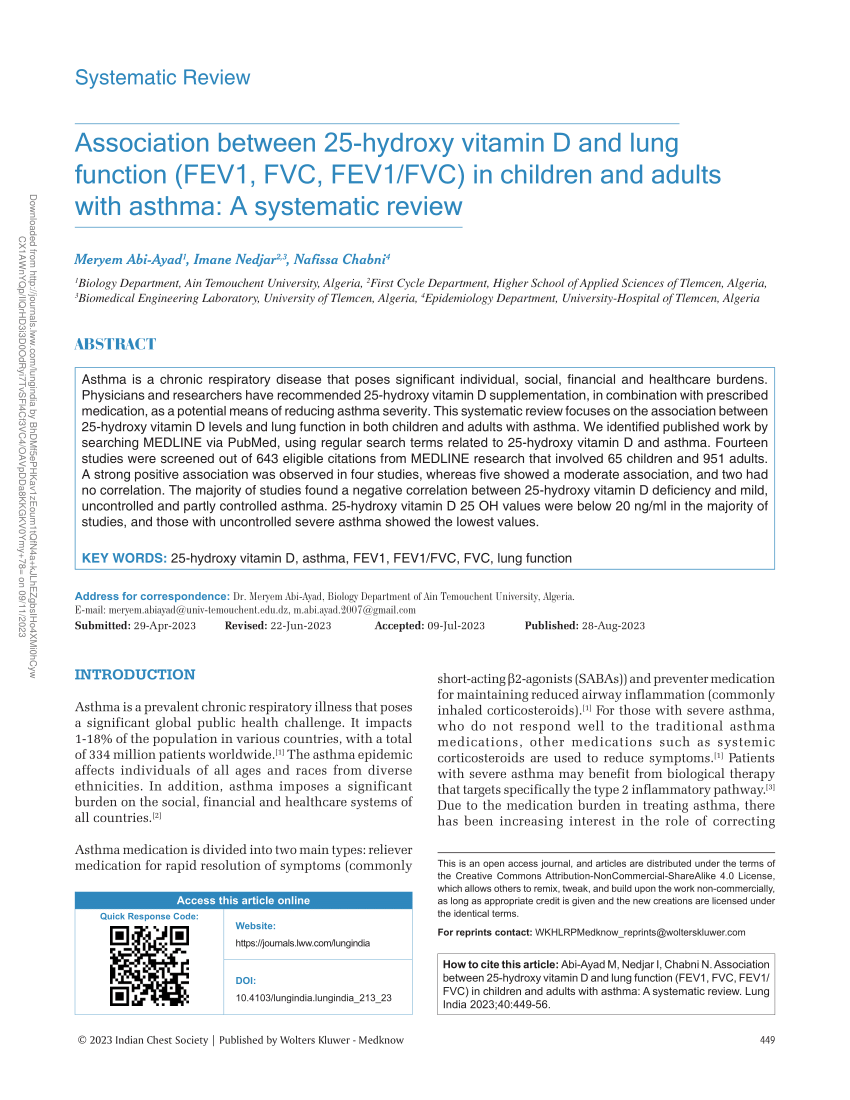 PDF Association between 25 hydroxy vitamin D and lung function  