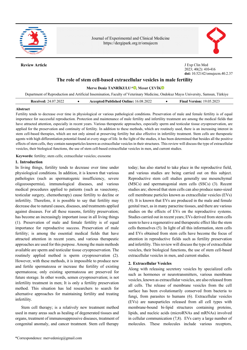 Pdf The Role Of Stem Cell Based Extracellular Vesicles In Male Fertility 9859