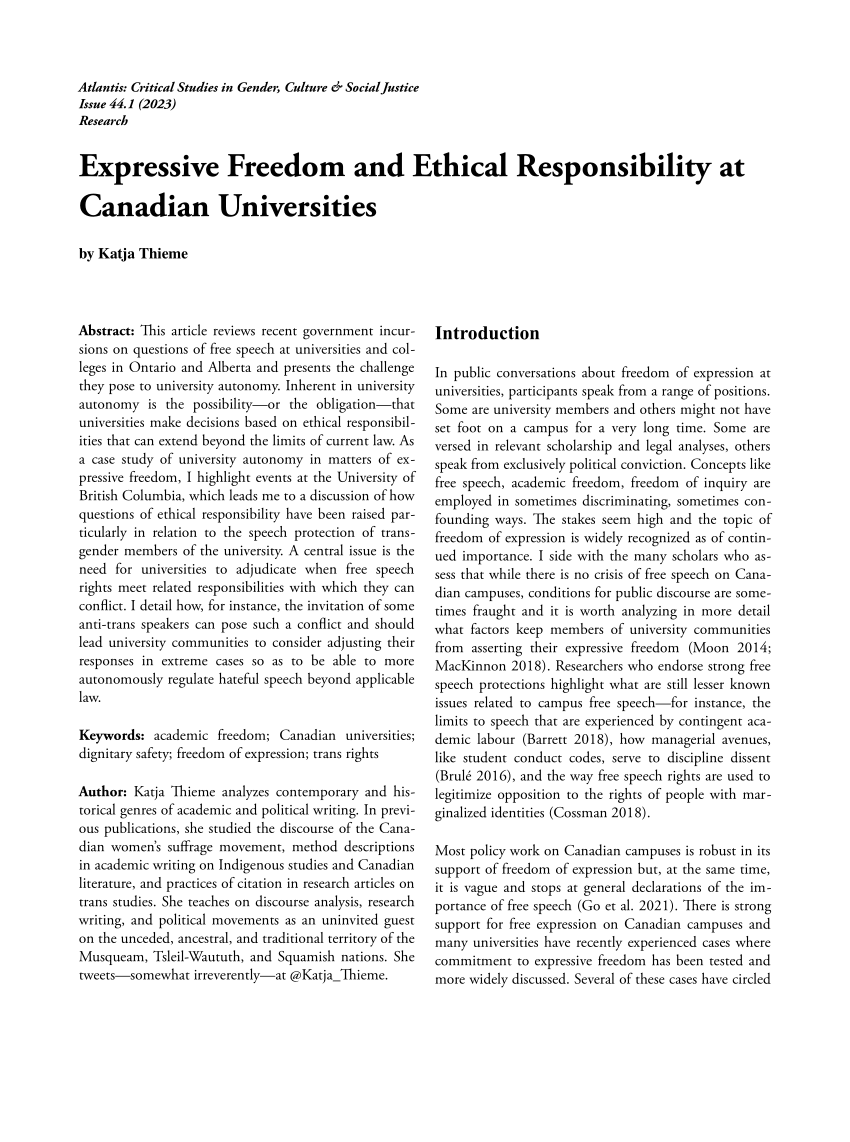 PDF) Expressive Freedom and Ethical Responsibility at Canadian Universities