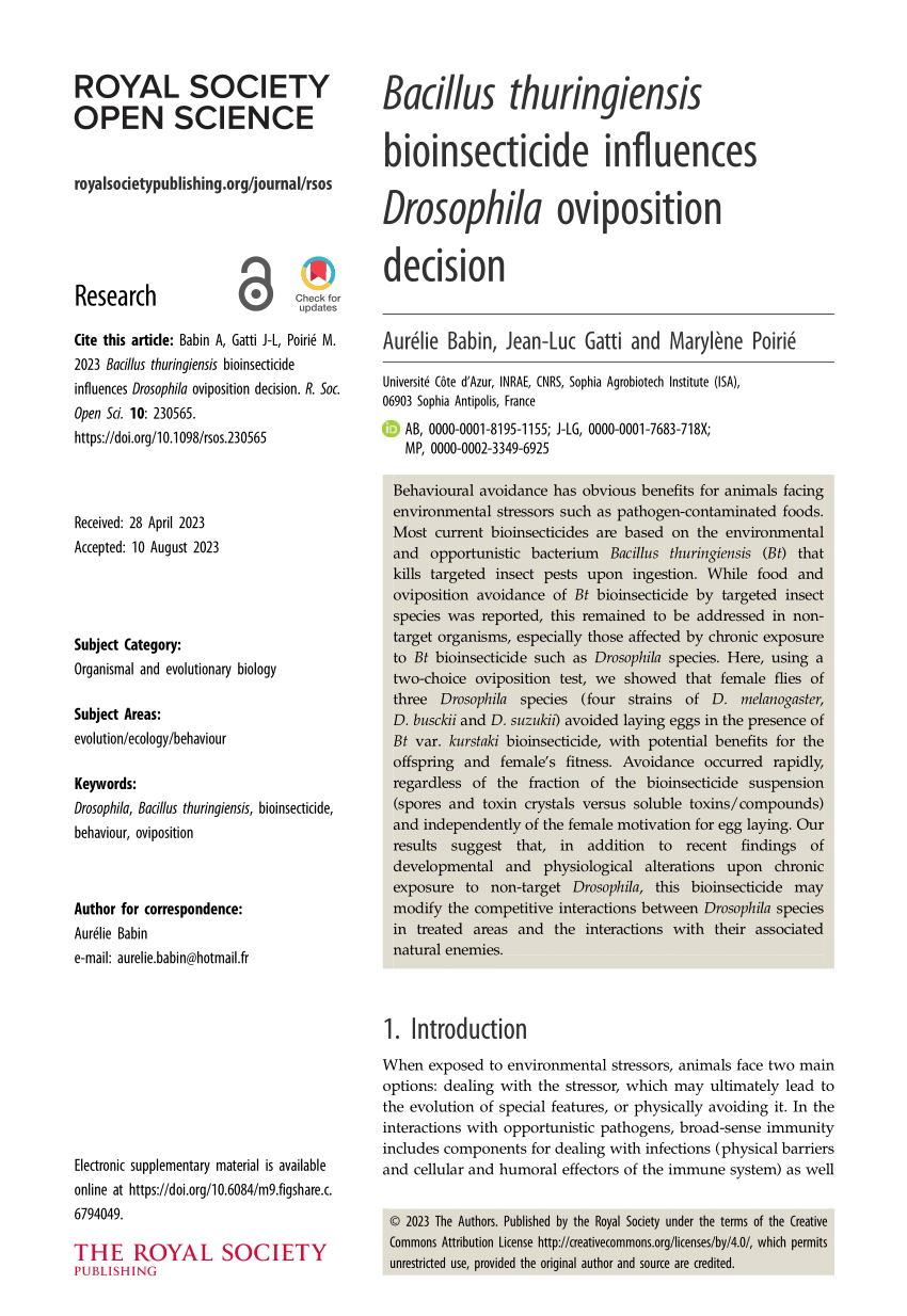 PDF) Bacillus thuringiensis bioinsecticide influences Drosophila