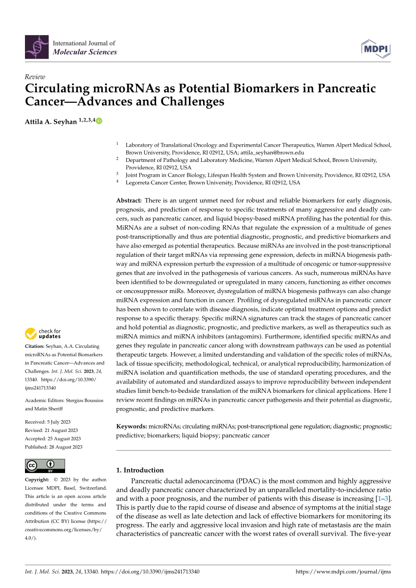 Pdf Circulating Micrornas As Potential Biomarkers In Pancreatic Cancer—advances And Challenges 8098