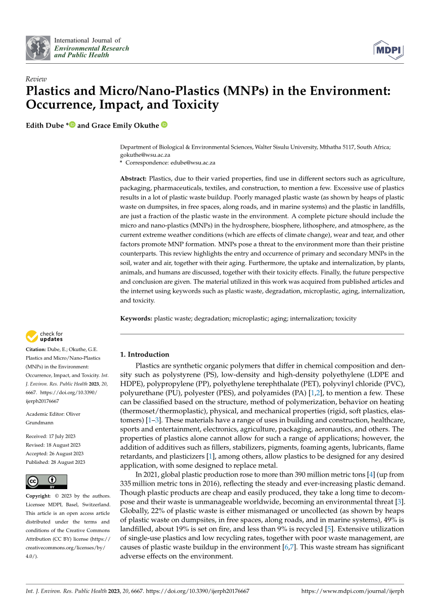 Pdf Plastics And Micronano Plastics Mnps In The Environment Occurrence Impact And Toxicity 2661