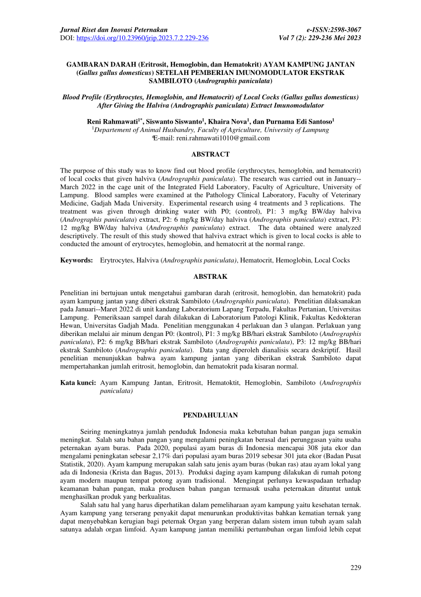 Pdf Gambaran Darah Eritrosit Hemoglobin Dan Hematokrit Ayam