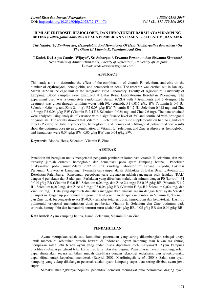 Pdf Jumlah Eritrosit Hemoglobin Dan Hematokrit Darah Ayam Kampung