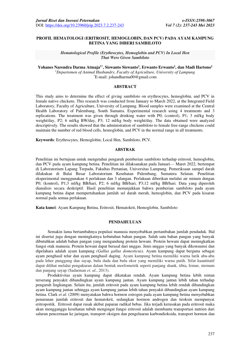 Pdf Profil Hematologi Eritrosit Hemoglobin Dan Pcv Pada Ayam