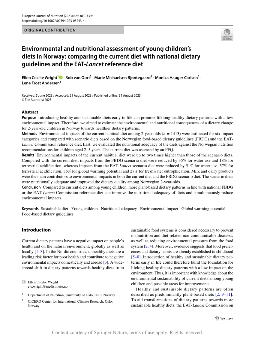 PDF) Environmental and nutritional assessment of young children's diets in  Norway: comparing the current diet with national dietary guidelines and the  EAT-Lancet reference diet
