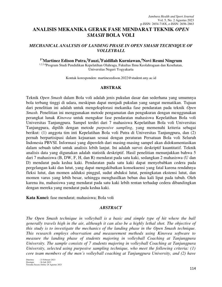 Pdf Analisis Mekanika Gerak Fase Mendarat Teknik Open Smash Bola Voli