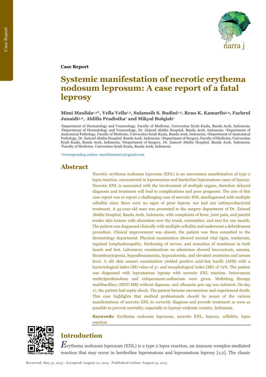 (PDF) Systemic manifestation of necrotic erythema nodosum leprosum: A ...