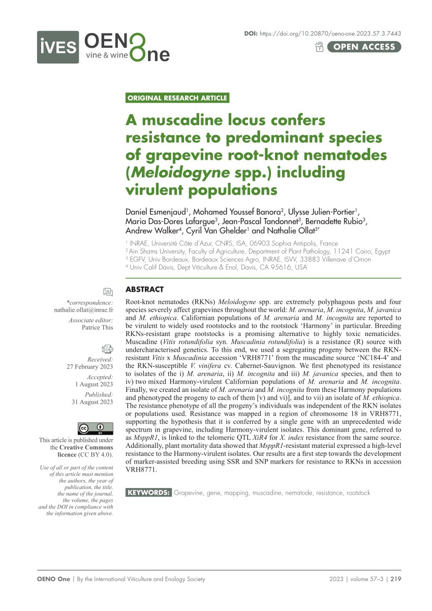 PDF) A muscadine locus confers resistance to predominant species of  grapevine root-knot nematodes (Meloidogyne spp.) including virulent  populations