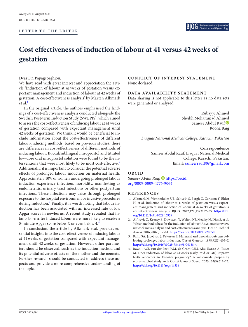 Pdf Cost Effectiveness Of Induction Of Labour At 41 Versus 42 Weeks Of Gestation 