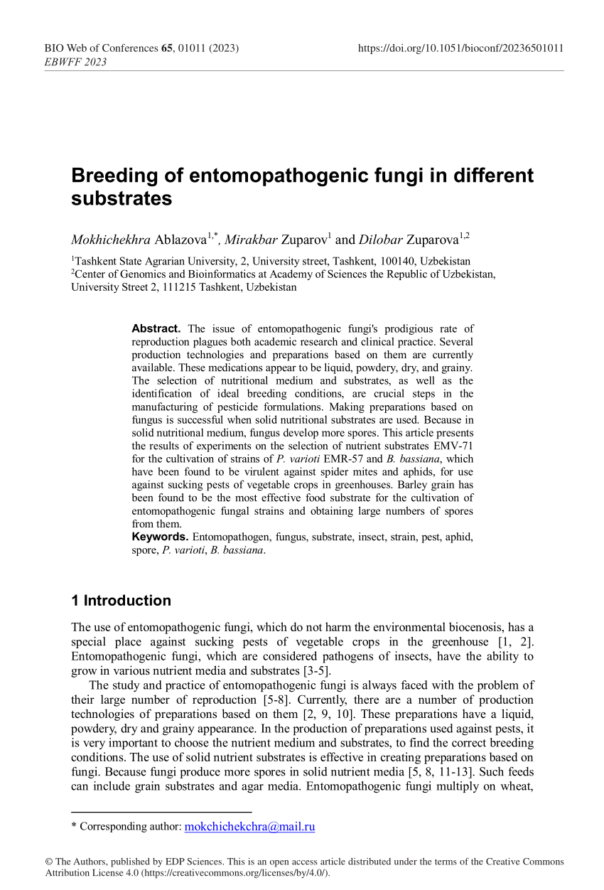 (PDF) Breeding of entomopathogenic fungi in different substrates