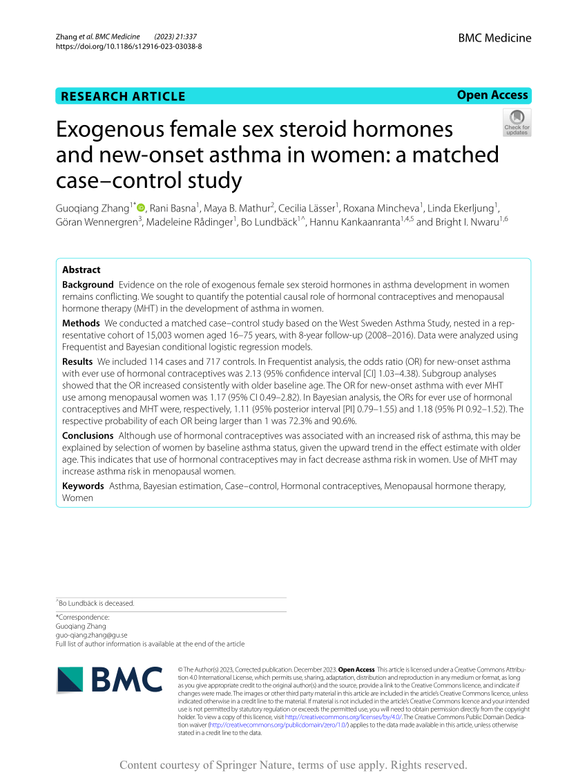 Pdf Exogenous Female Sex Steroid Hormones And New Onset Asthma In