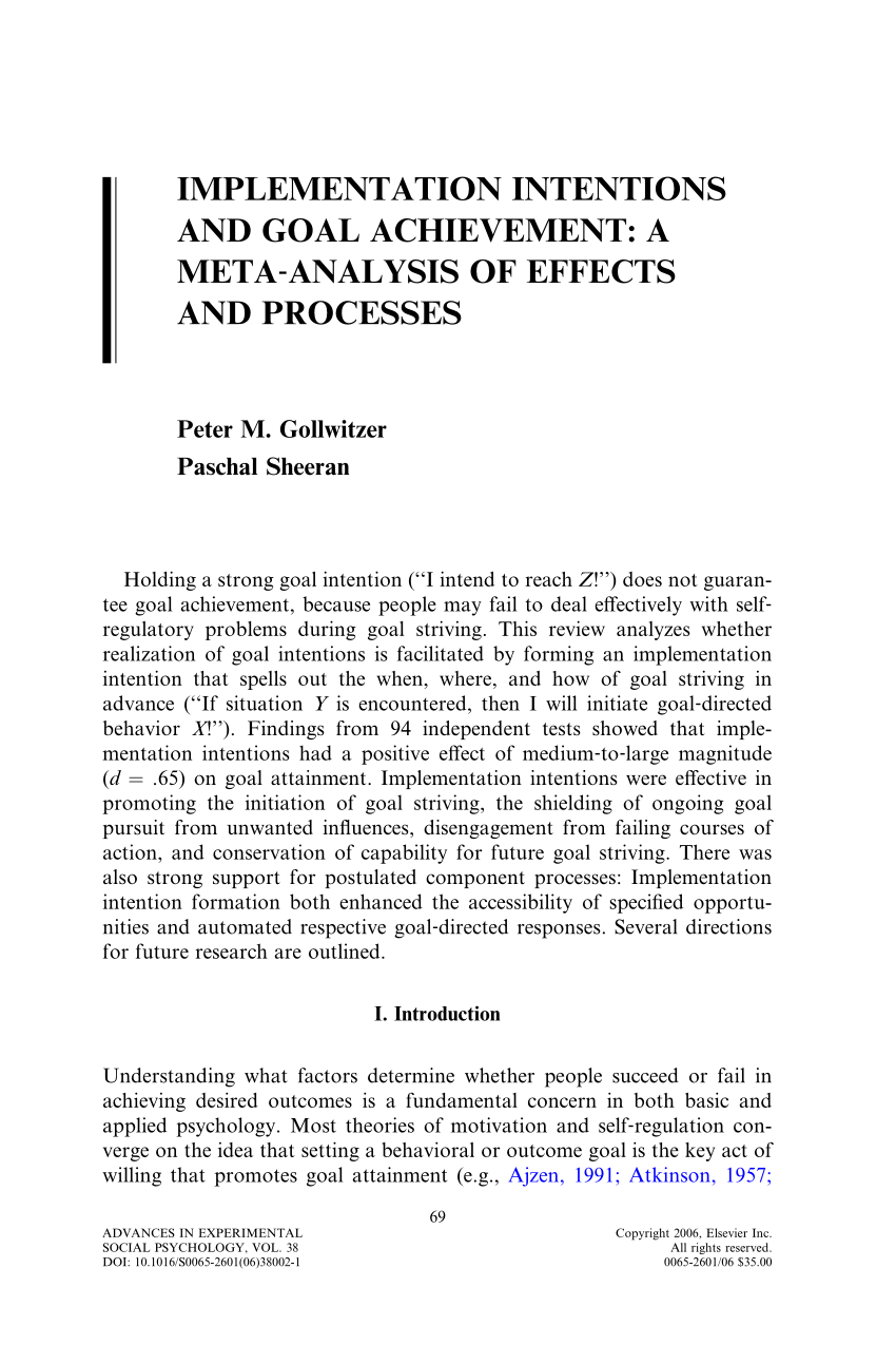 Pdf Implementation Intentions And Goal Achievement A Meta Analysis Of Effects And Processes