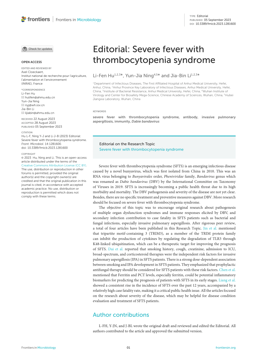 (PDF) Editorial: Severe fever with thrombocytopenia syndrome