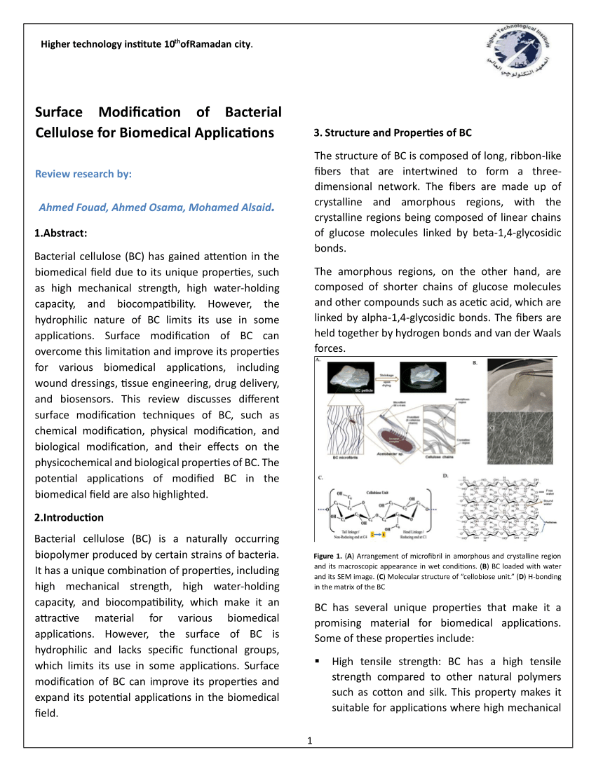 Pdf Surface Modification Of Bacterial Cellulose For Biomedical Applications 