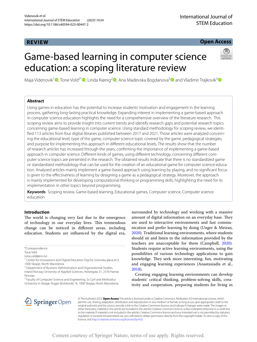 Game-based learning in computer science education: a scoping