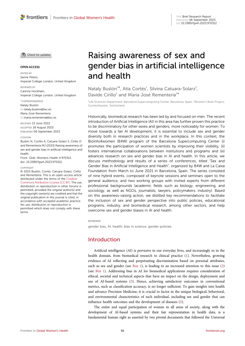 Pdf Raising Awareness Of Sex And Gender Bias In Artificial Intelligence And Health 5417