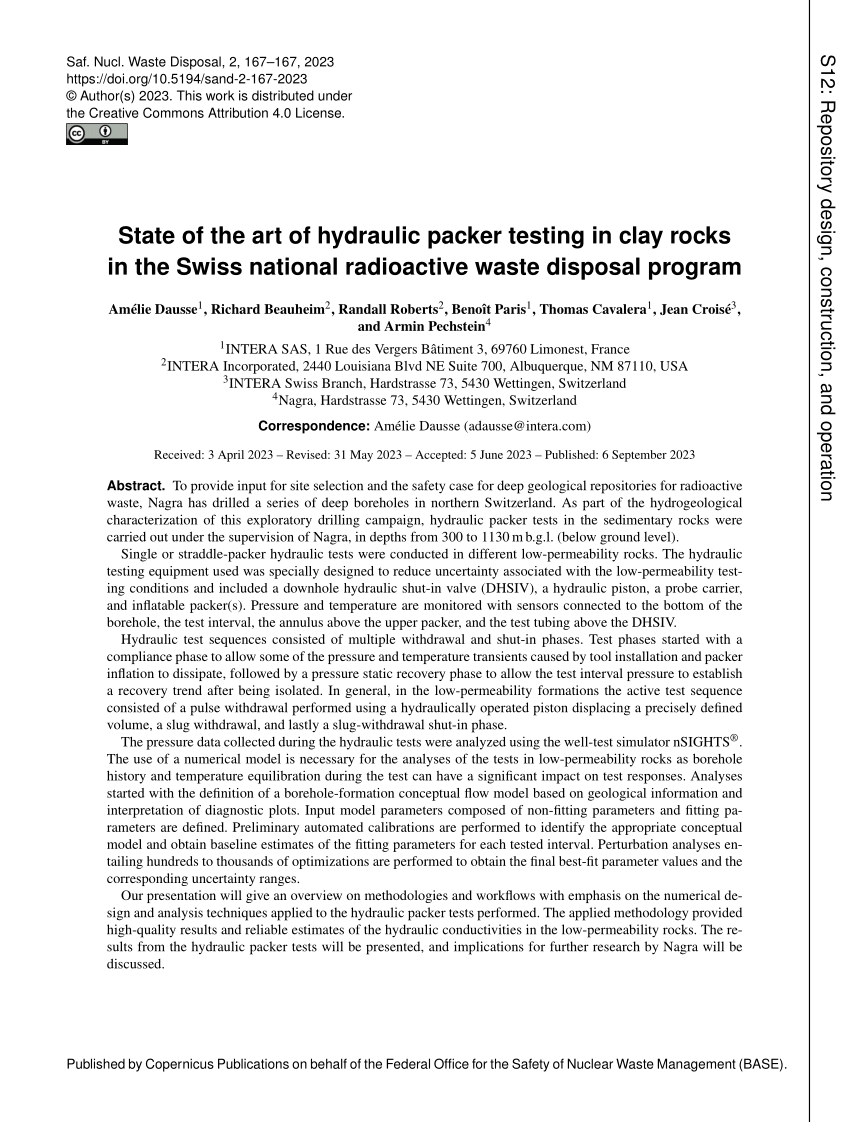 (PDF) State of the art of hydraulic packer testing in clay rocks in the