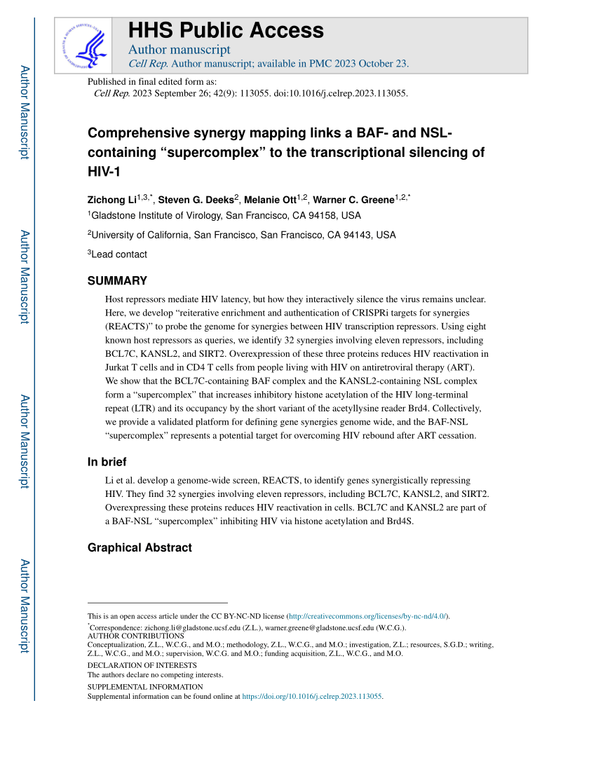 PDF) Comprehensive synergy mapping links a BAF- and NSL-containing “ supercomplex” to the transcriptional silencing of HIV-1