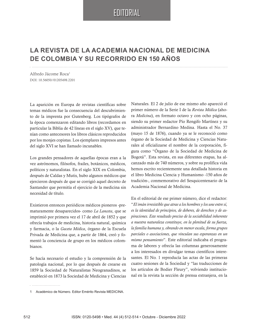 Pdf La Revista De La Academia Nacional De Medicina De Colombia Y Su Recorrido En 150 Años 6465