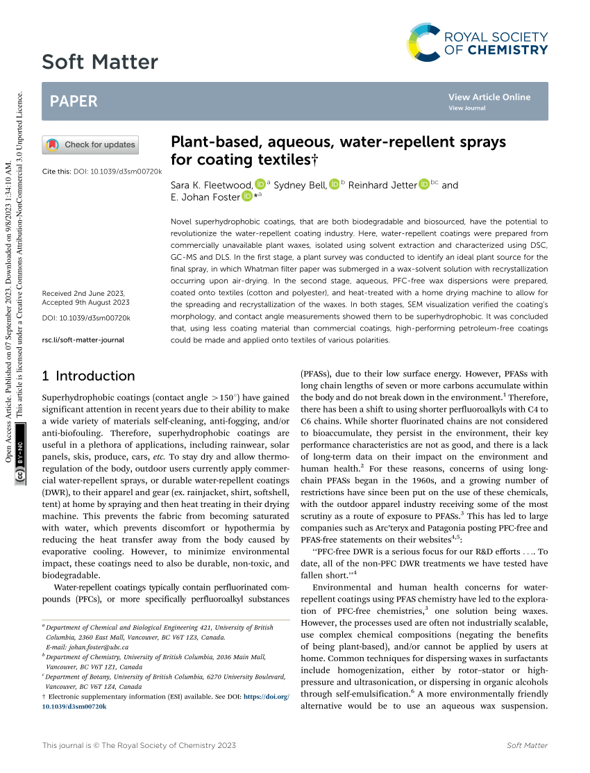 PDF) Plant-based, aqueous, water-repellent sprays for coating textiles