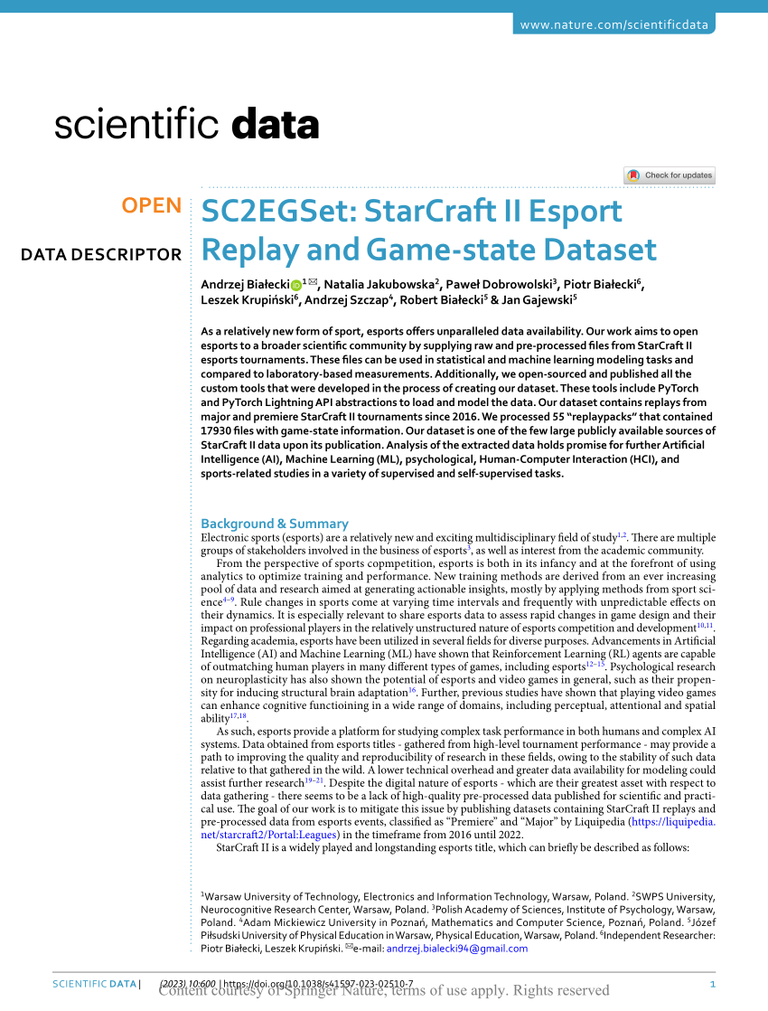 PDF SC2EGSet StarCraft II Esport Replay and Game state Dataset