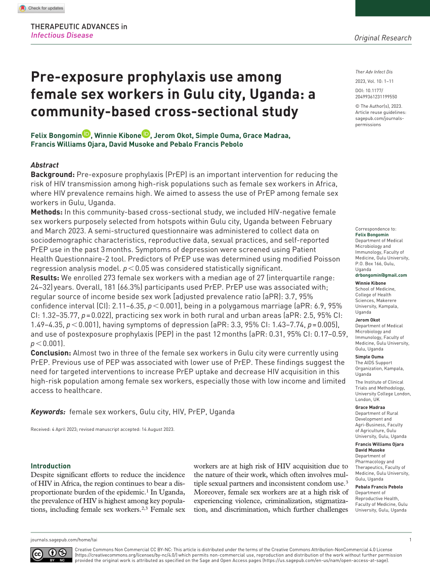 Pdf Pre Exposure Prophylaxis Use Among Female Sex Workers In Gulu City Uganda A Community 3675