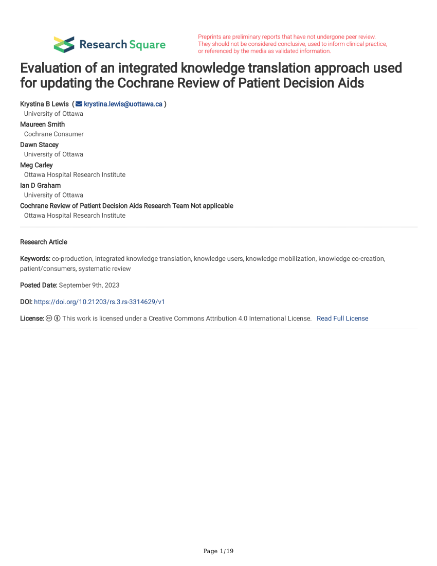 Pdf Evaluation Of An Integrated Knowledge Translation Approach Used For Updating The Cochrane 