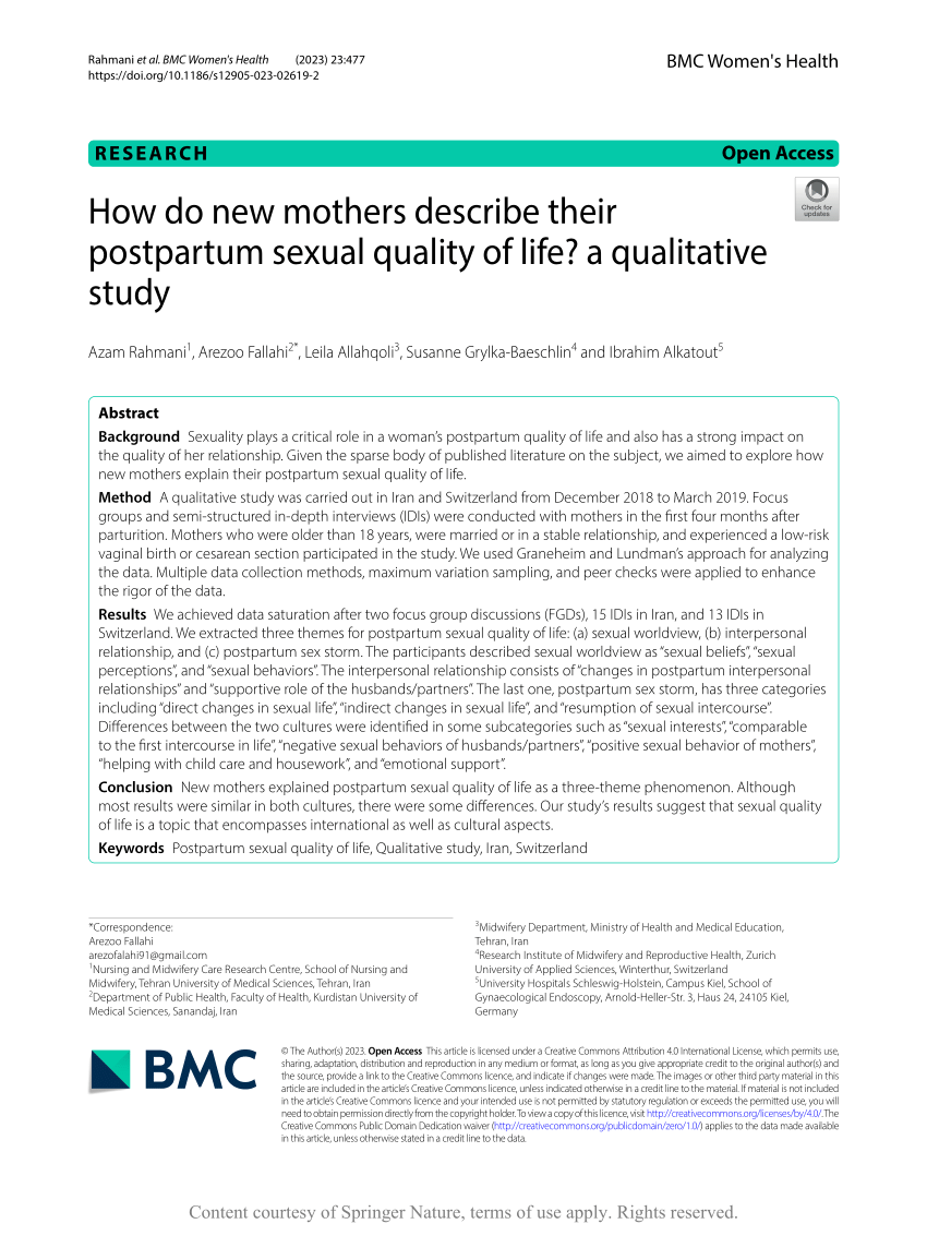 PDF) How do new mothers describe their postpartum sexual quality of life? a qualitative study
