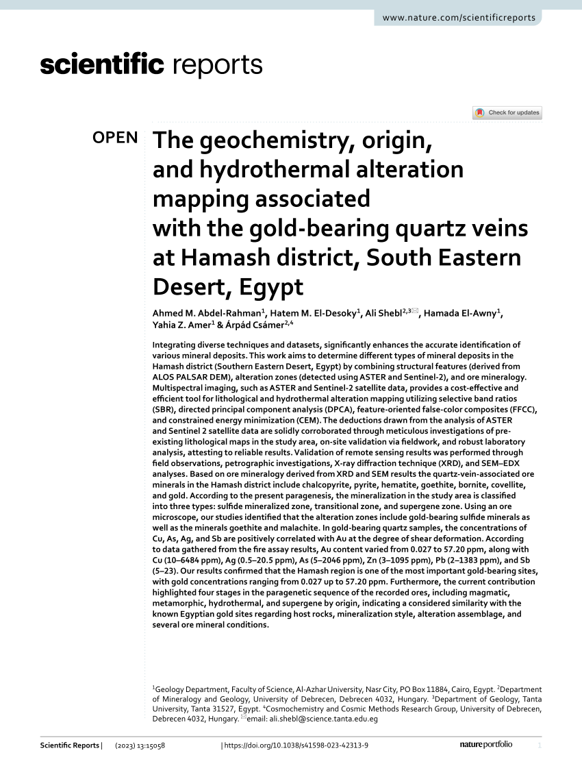 The geochemistry, origin, and hydrothermal alteration mapping associated  with the gold-bearing quartz veins at Hamash district, South Eastern  Desert, Egypt